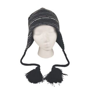 Columbia Youth Omni-Heat Striped Earflap Beanie Hat Grey Black Tassel OS